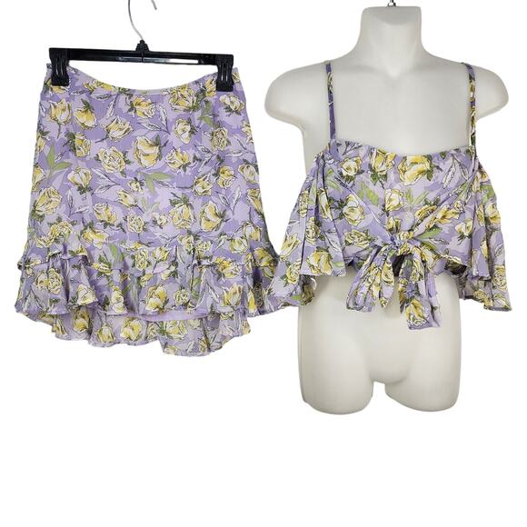 L'ATISTE BY AMY Two Piece Set Cropped Top Mini Skirt Medium Purple Yellow Floral - Picture 1 of 12
